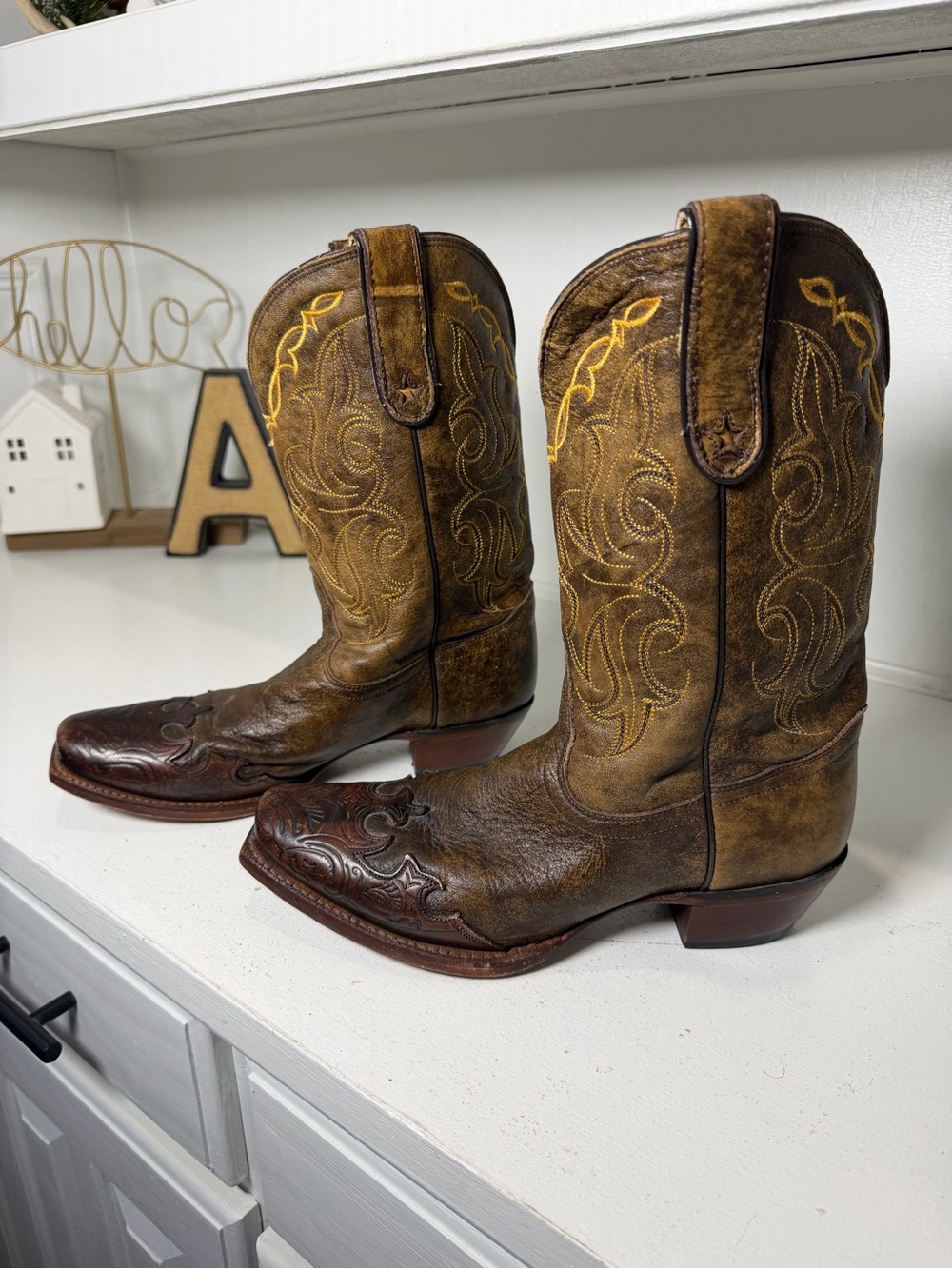 Tony Lama Womens 8.5B Brown Leather Square Toe Vaquero Cowboy Western Boots